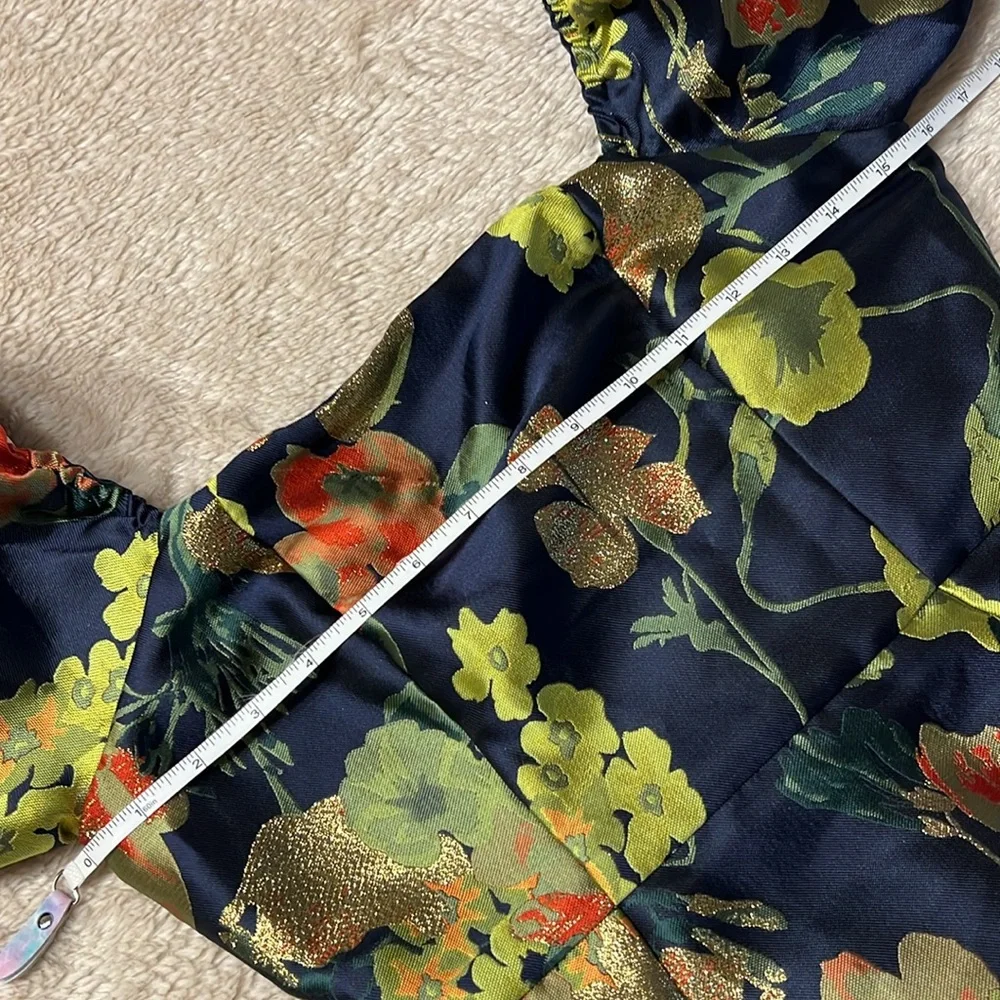 LULU’S “So Stunning Navy Blue Floral Jacquard Puff Sleeve Mini Dress” - Picture 14 of 16